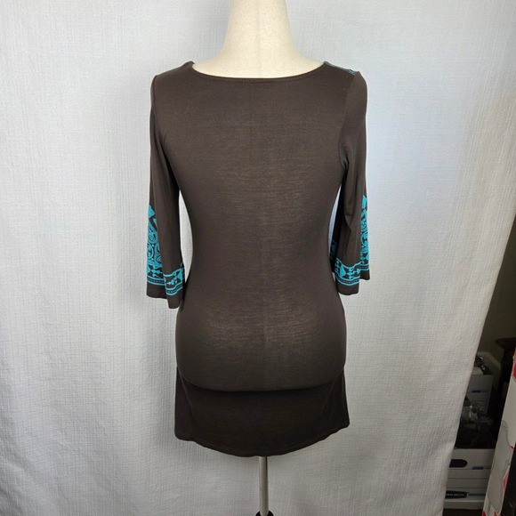 Ad Hoc Brown Mini Dress Turquoise Embroidered Cotton Knit Bohemian Women's S - Picture 2 of 9